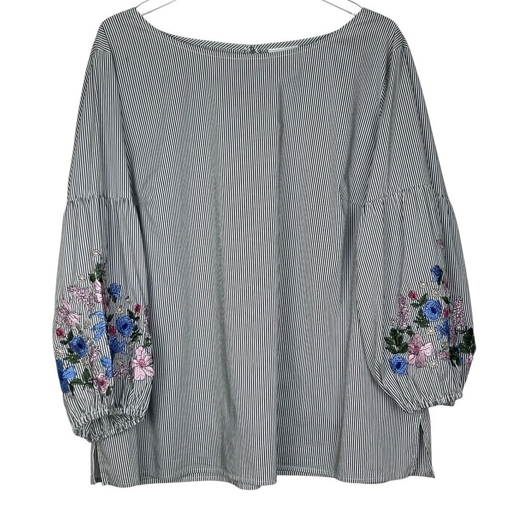 Liz Claiborne Blouse Womens XXL Black White Good Striped Floral Embroidered Puff